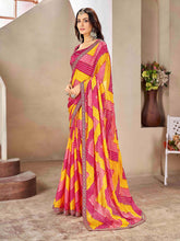 Yellow & Pink Moss chiffion Bandhani Print Saree